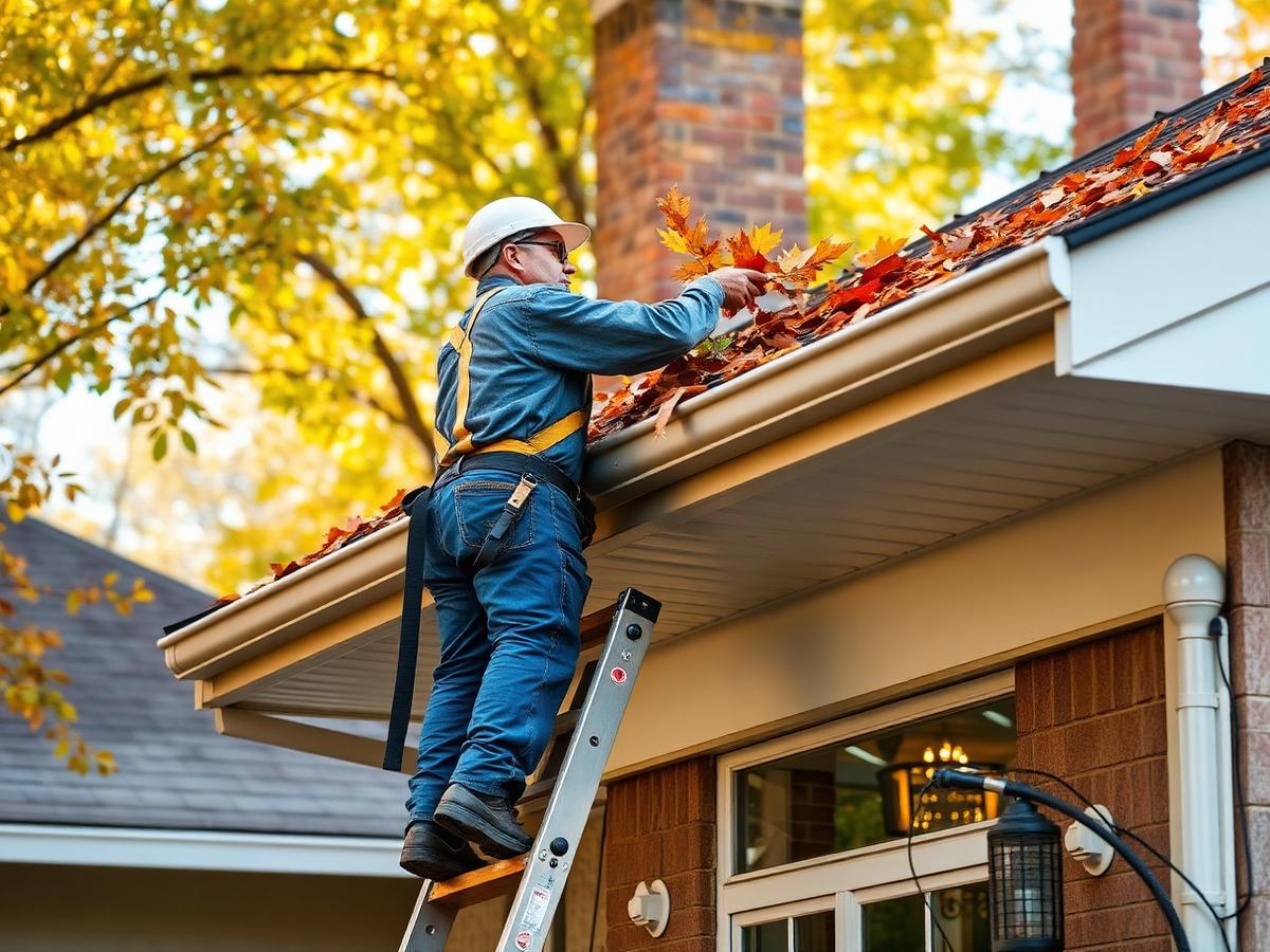 Worker cleaning gutters